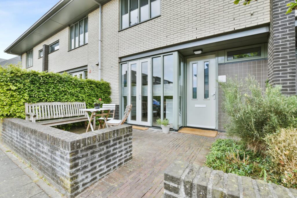 Front door of a brick residential building